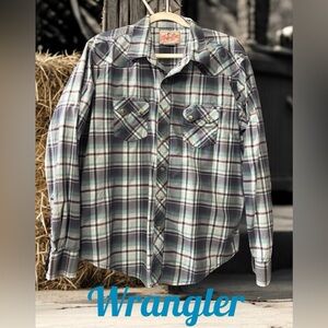 Wrangler American Cowboy Vintage Pearl Snap Size XL Blue & Teal Plaid